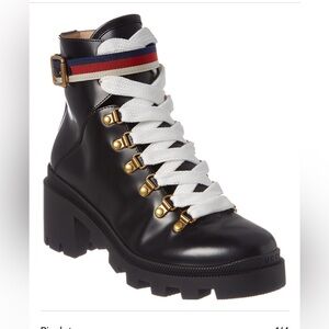 Gucci Black Leather Boots with White Laces and Gold Details